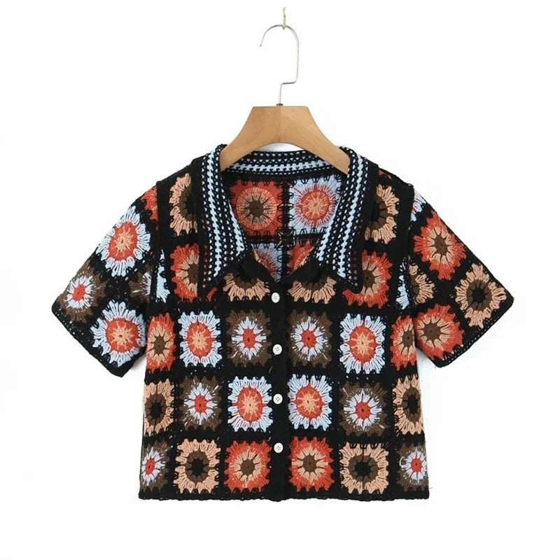 Women's Boho Crochet Crop Top | Granny Square Open-Knit Blouse | Summer Beach Vacation