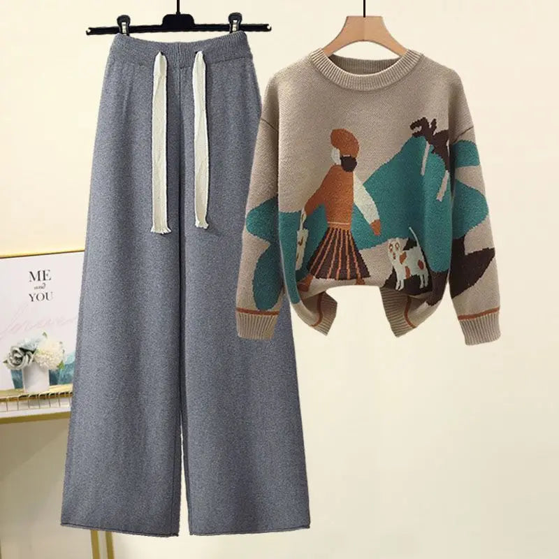 Women's Knitted Sweater & Wide Leg Pants Set – Loose Casual 2-Piece Autumn Outfit