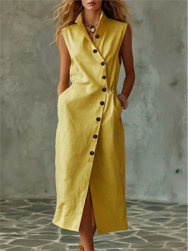 Elegant V-Neck Sundress – Sleeveless A-Line Midi Dress | Women's Summer Party Wear