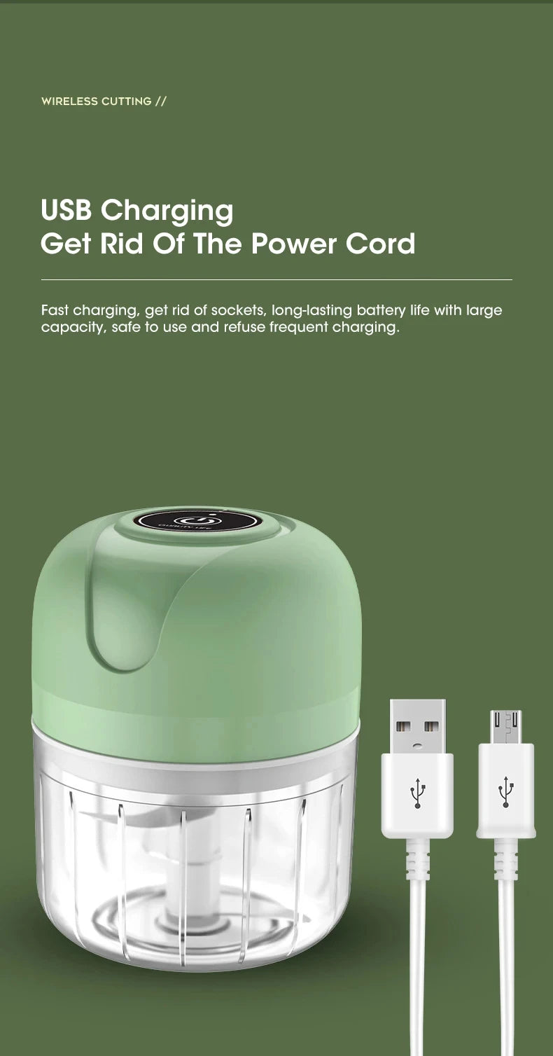 Triturador Elétrico Portátil USB 250ml para Alho Carnes e Legumes Mini Processador de Cozinha