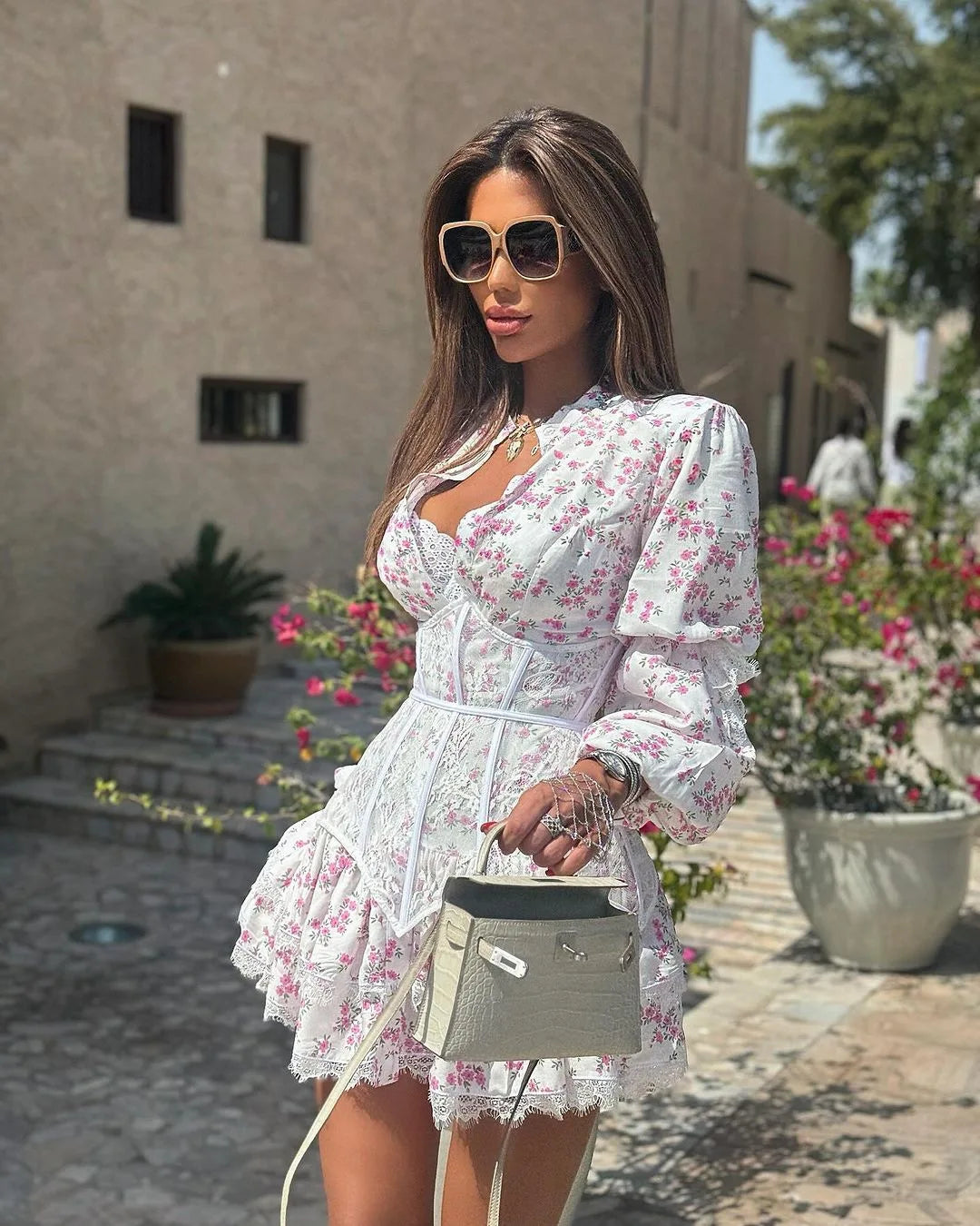 Women's Floral Lace A-Line Mini Dress – Lantern Sleeve V-Neck Sweet Party Dress | Spring Summer