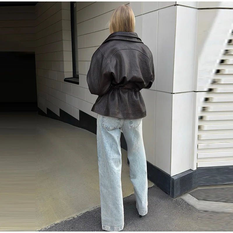 Women's Textured PU Leather Jacket | Urban Lapel Asymmetric Loose Biker Coat | Autumn Winter