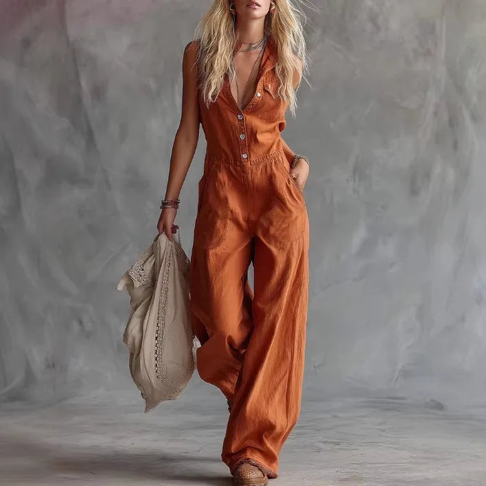 Women's Sleeveless V-Neck Jumpsuit – Wide Leg Solid Color with Pockets | Summer Streetwear 2026