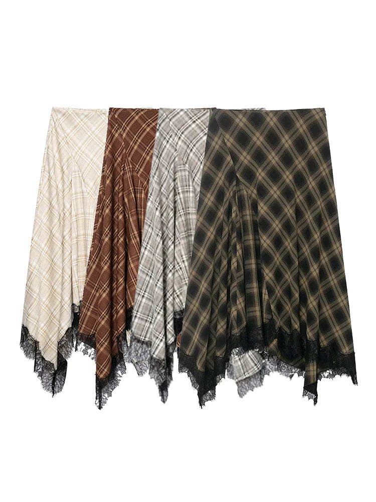 Women's Vintage Plaid Midi Skirt – Lace A-Line Knee-Length | Casual & Dinner