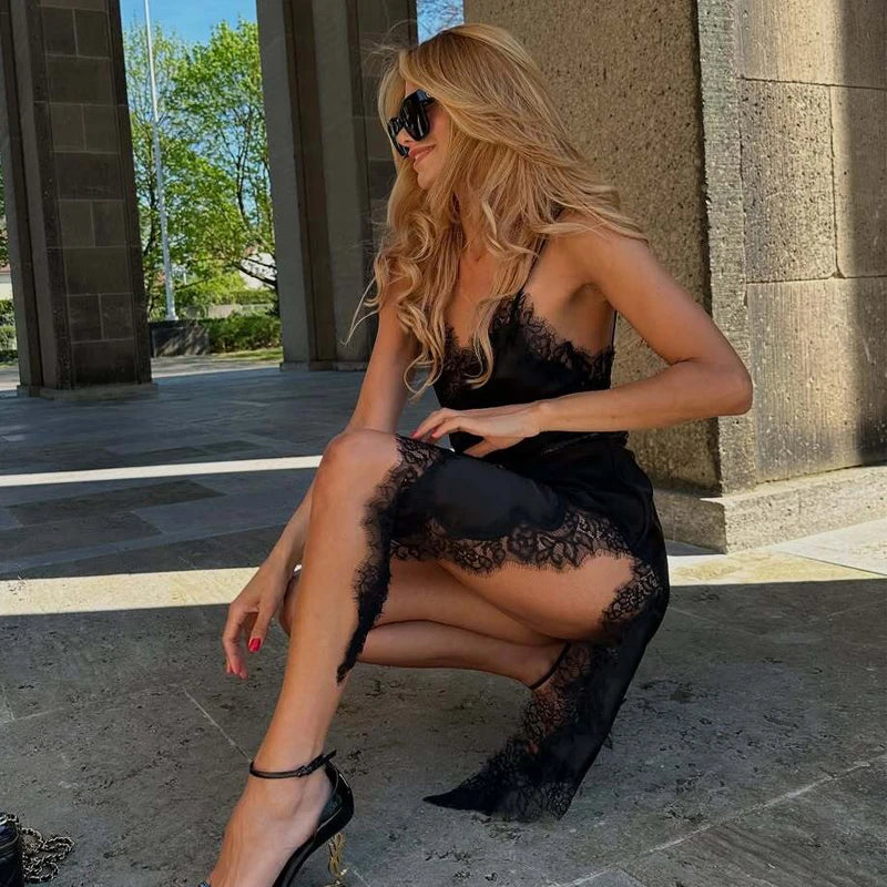 Women's Lace Slip Mini Dress – Backless Asymmetric Spaghetti Strap Party Dress