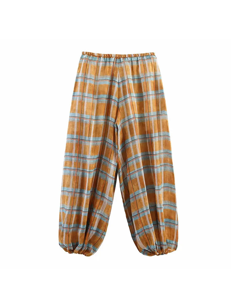 Women's Plaid Bloomers Pants – High-Waist Drawstring Loose Trousers