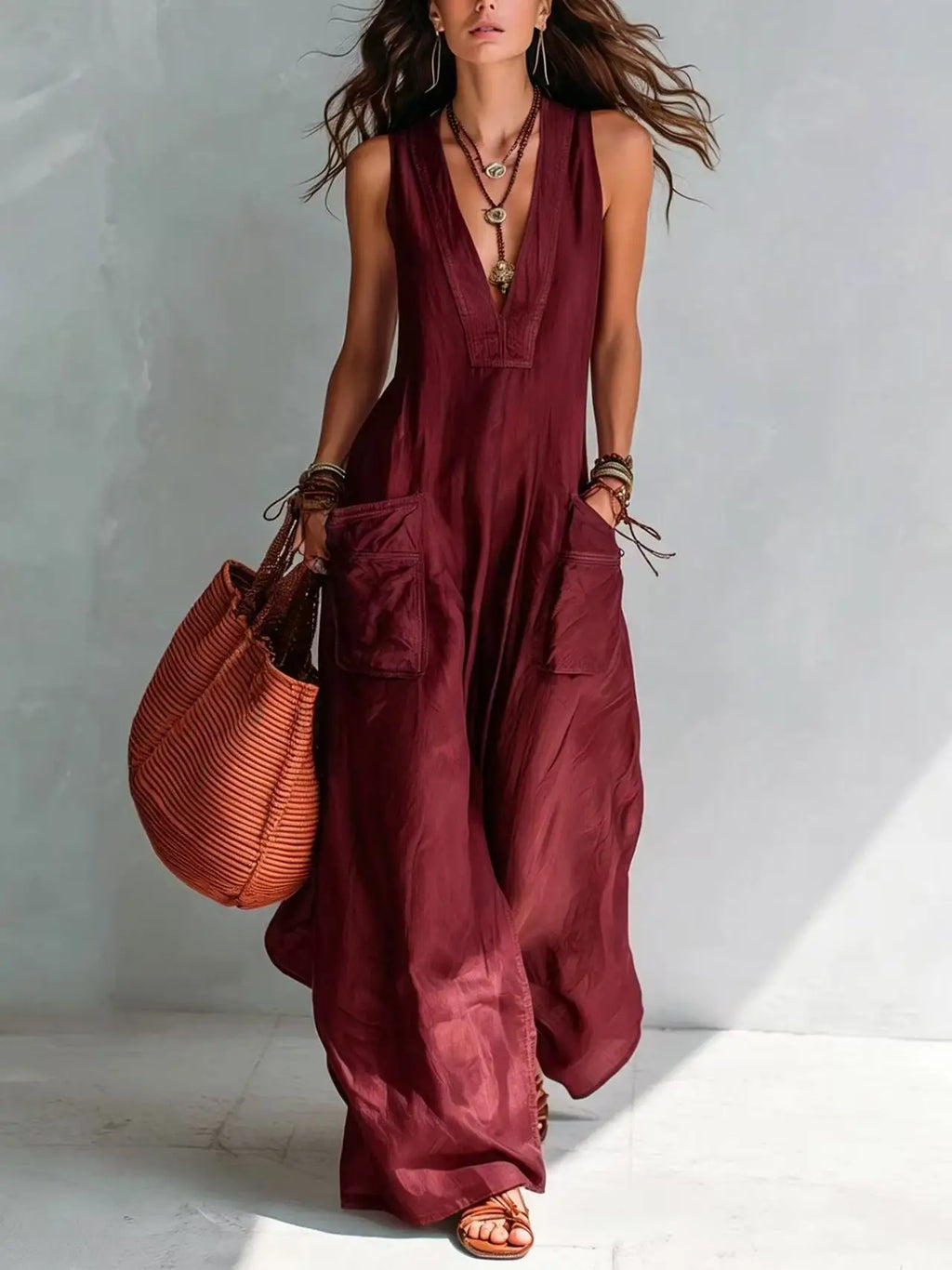 Women's Sleeveless Linen Jumpsuit – Loose Wide Leg V-Neck Casual Bodysuit