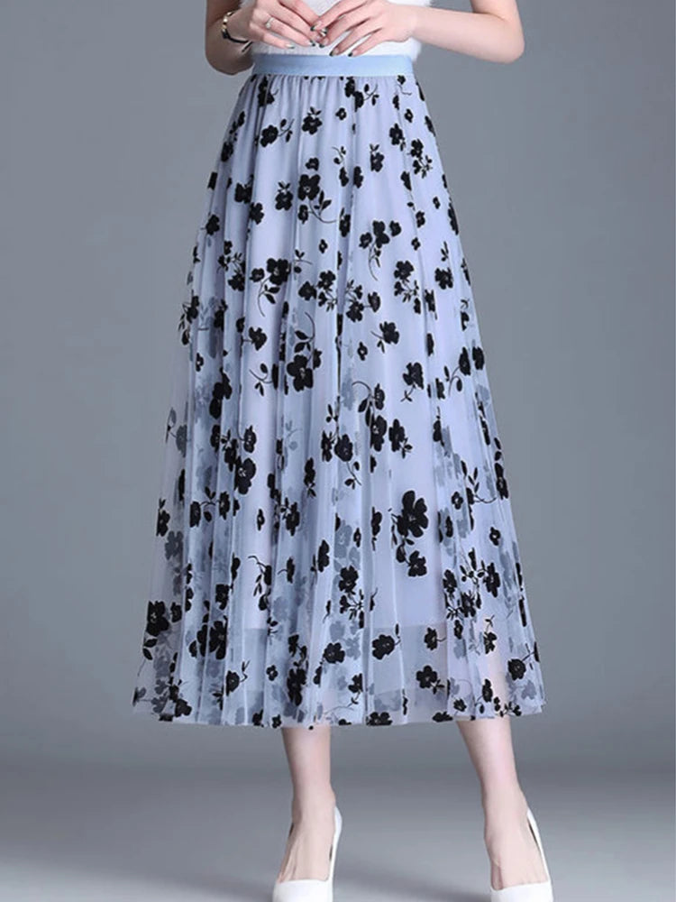 Women's Floral Lace Mesh A-Line Skirt – High Waist Big Swing Elegant Midi Skirt | Spring Summer