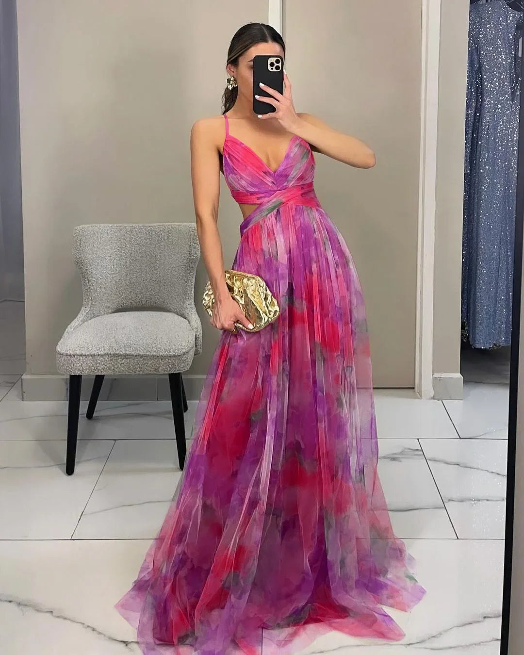 Women's Printed Mesh Midi Dress – Elegant Slim Fit Summer Party Dress