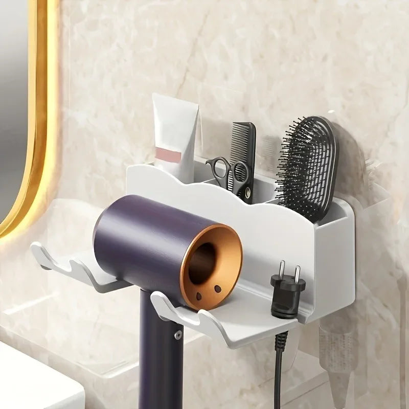Suporte de Parede para Secador de Cabelo sem Furos Organizador de Banheiro Reutilizável Preto e Branco