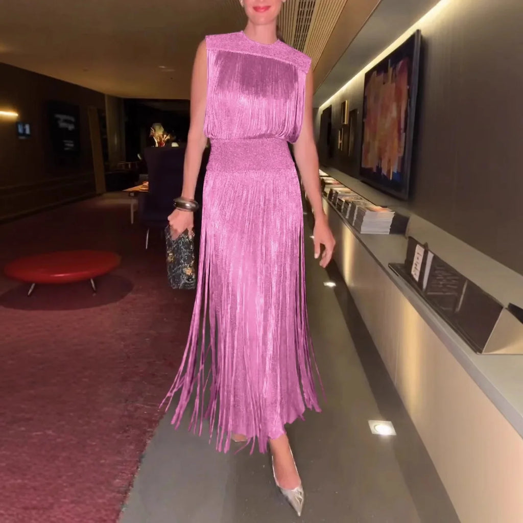Two-Piece Tassel Dress Set – Sleeveless Hollow Out Evening Party Dress for Women