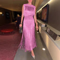 Two-Piece Tassel Dress Set – Sleeveless Hollow Out Evening Party Dress for Women