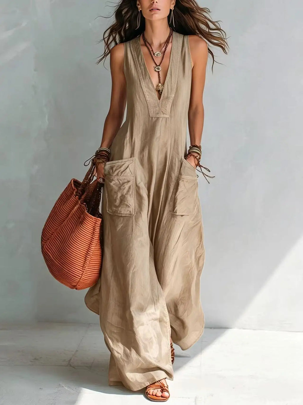 Women's Sleeveless Linen Jumpsuit – Loose Wide Leg V-Neck Casual Bodysuit