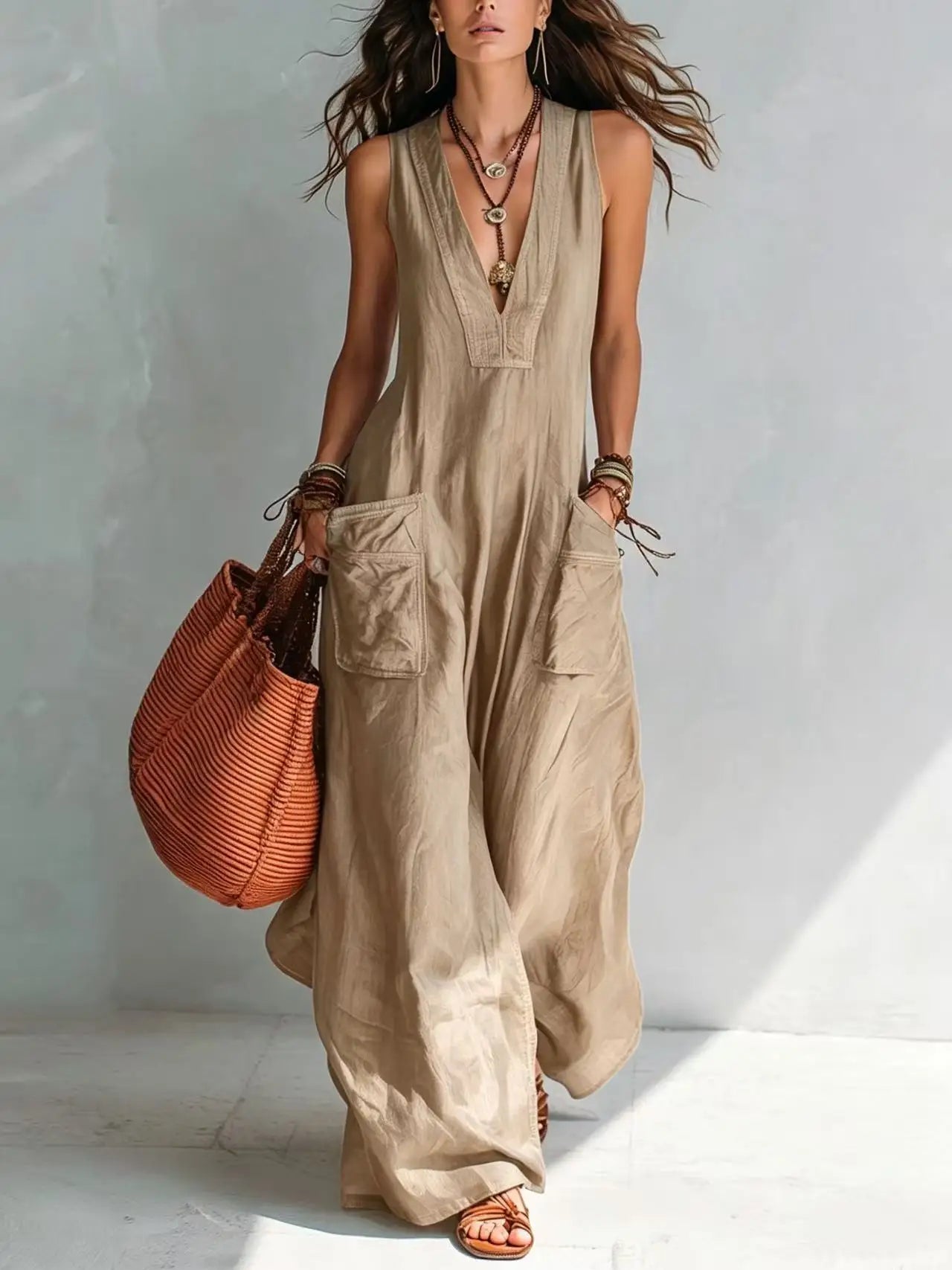 Women's Sleeveless Linen Jumpsuit – Loose Wide Leg V-Neck Casual Bodysuit