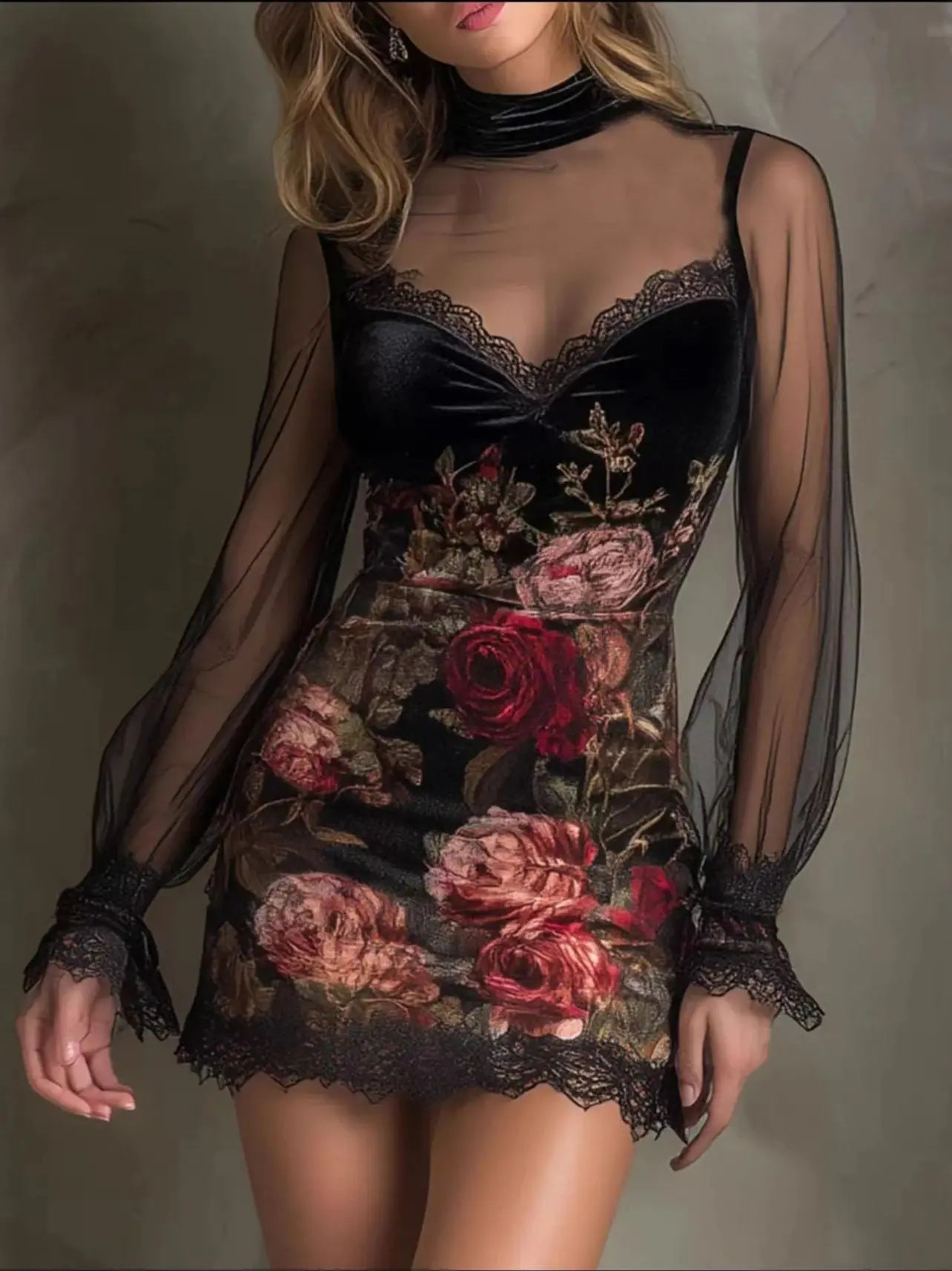 Floral Lace Mesh Mini Dress – Long Sleeve Hip-Hugging | Women's Sexy European Style