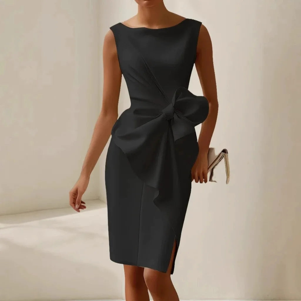 Bow Detail Sleeveless A-Line Dress – Round Neck Slim Fit | Women's Elegant Formal & Casual Wear