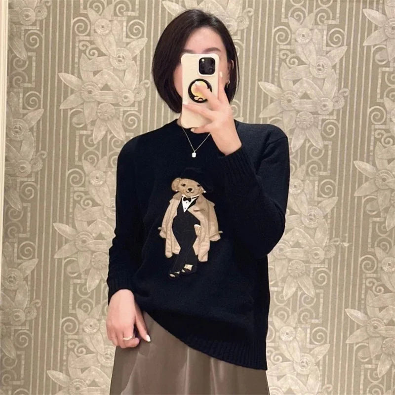 Women's Bear Embroidered Cashmere Sweater | Preppy Cartoon Knit Pullover | Round Neck | Autumn Winter | CBAFU