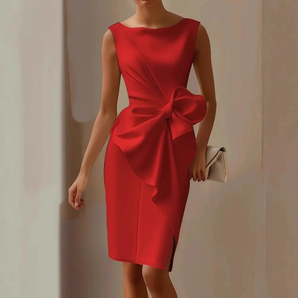 Bow Detail Sleeveless A-Line Dress – Round Neck Slim Fit | Women's Elegant Formal & Casual Wear