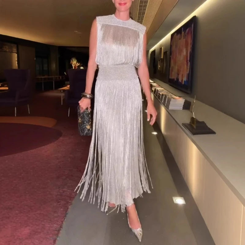 Two-Piece Tassel Dress Set – Sleeveless Hollow Out Evening Party Dress for Women