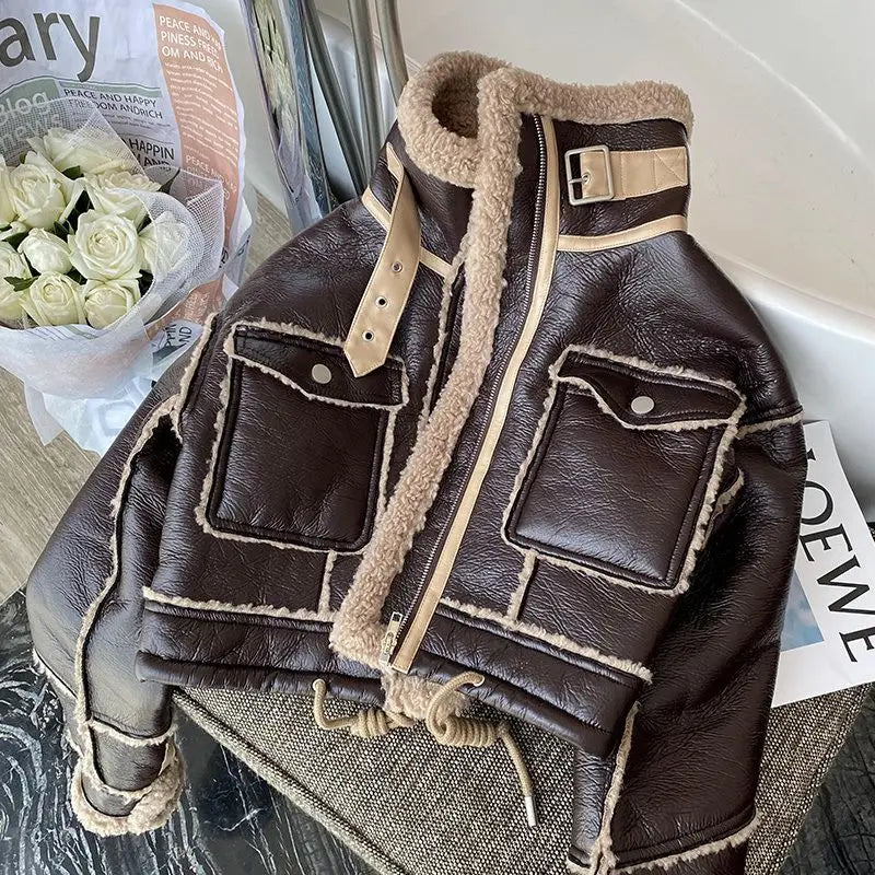 Women's Faux Leather Moto Jacket – PU Plush Lined Short Coat | High Street Style