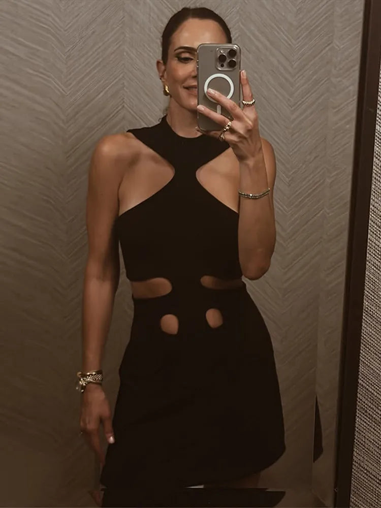 Halter Hollow Out Mini Dress – Sleeveless A-Line | Women's Chic Holiday Party Wear