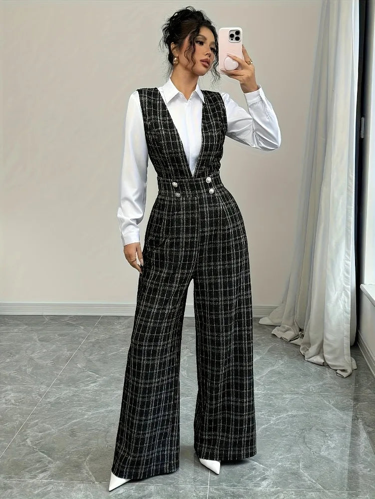 Plaid Tweed Wide Leg Jumpsuit – High Waist Pearl Buttons | Women's Elegant Office Formal Wear