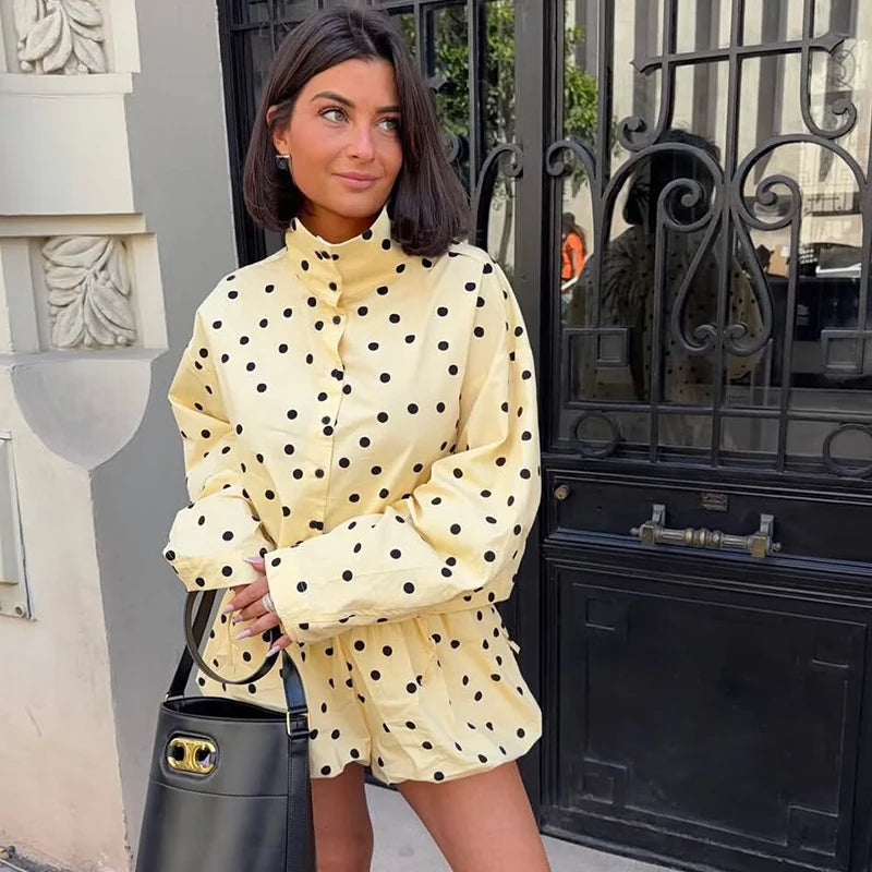 Women's Polka Dot Jacket & Shorts Set – Chic 2-Piece Street Style Suit