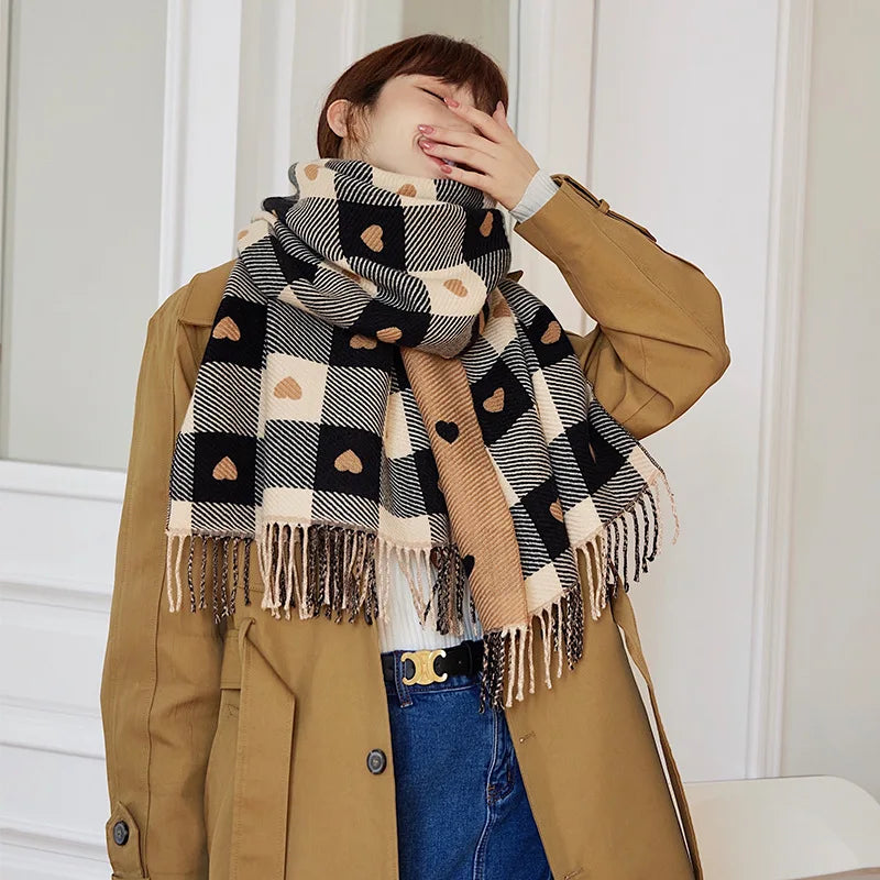 Women's Plaid Heart Print Blanket Scarf – Thick Warm Shawl Wrap | Autumn Winter