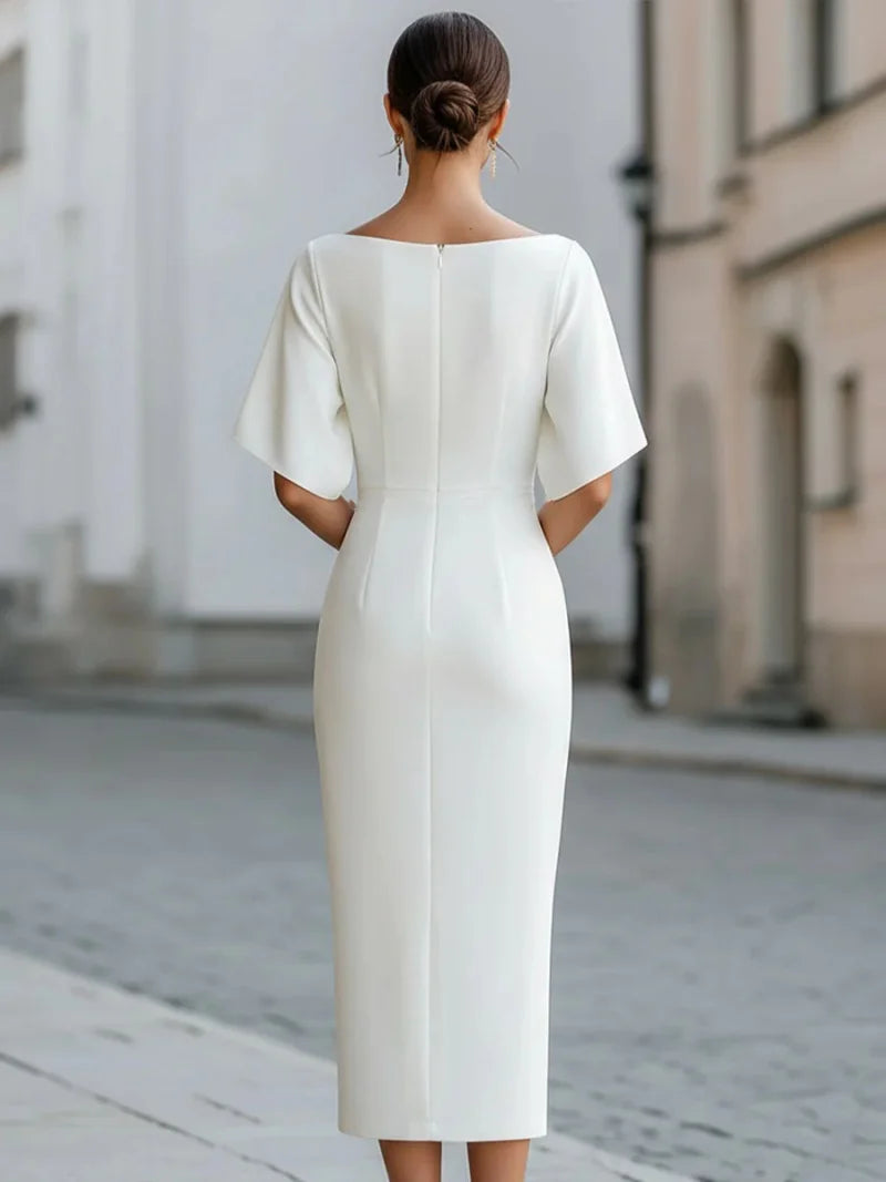 Elegant Slash Neck Midi Dress – Fitted Waist | Women's Formal & Party Wear