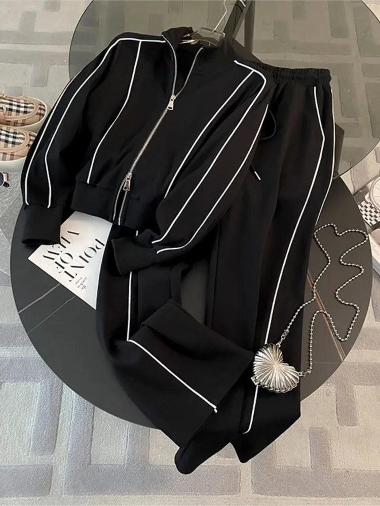 Color Block Two-Piece Set – Zip Jacket & Wide Leg Pants | Women's Casual Leisure Outfit