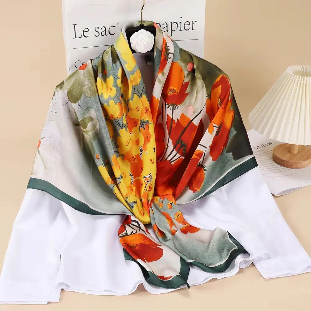 Xale Quadrado de Cetim 110x110cm Estampado Feminino Multifuncional para Praia, Cabelo e Hijab
