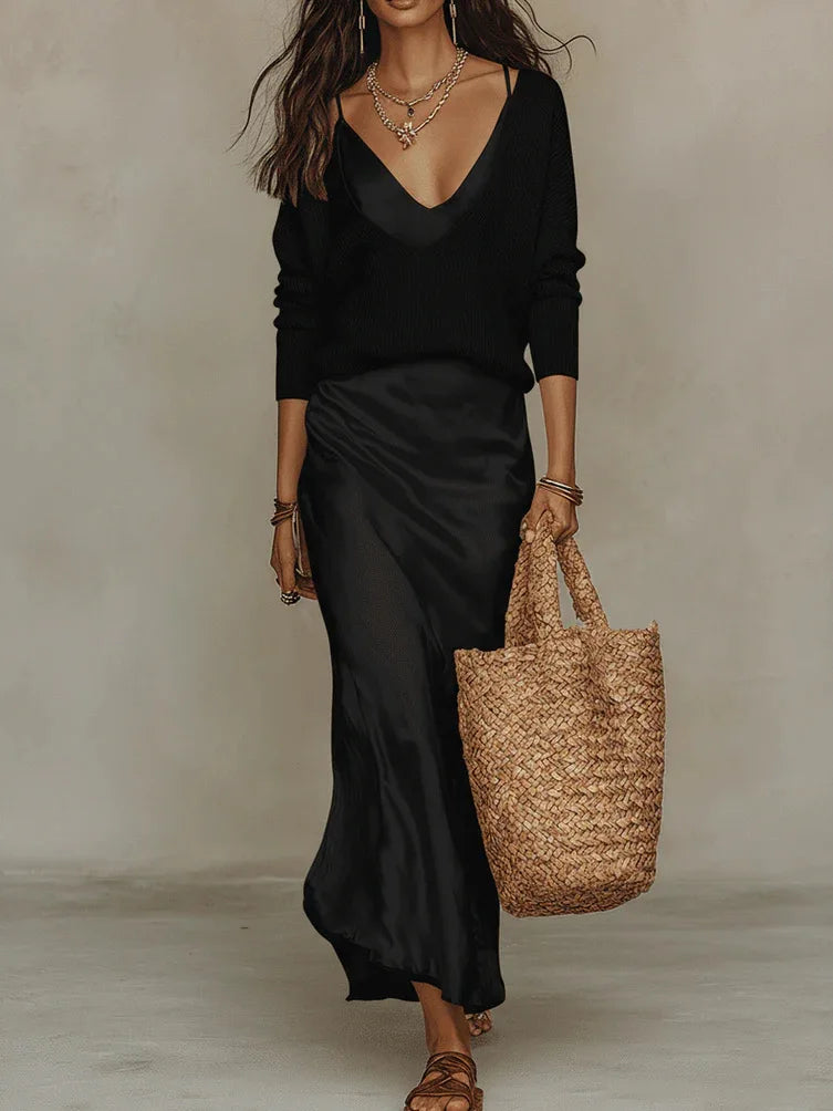 Women's Satin Maxi Dress & Long Sleeve Top Set – Elegant Evening Gown