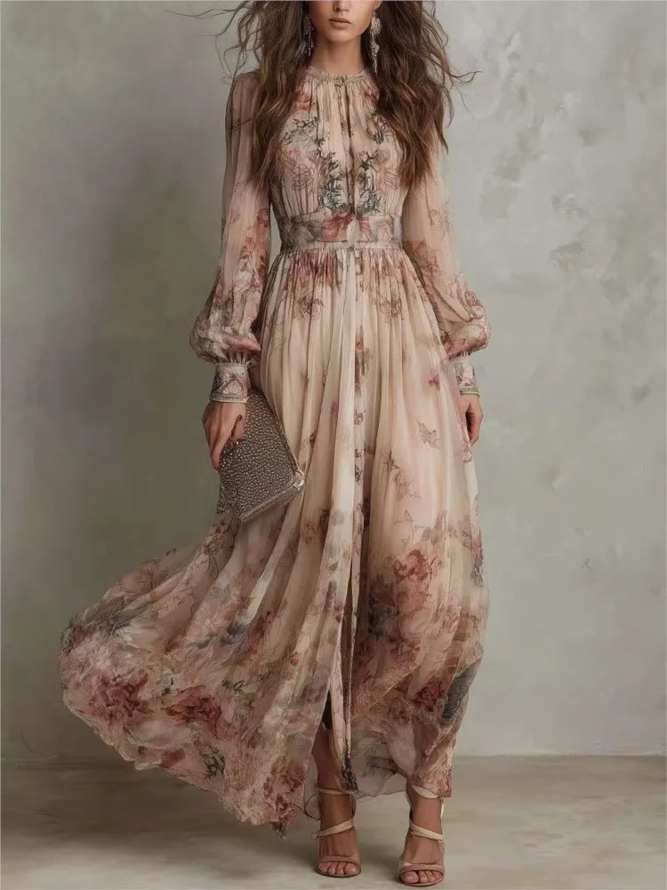 Vintage Floral Print Maxi Dress – Long Sleeve Boho Party Dress for Women