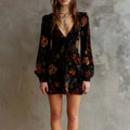 Women's Black Floral Velvet Dress – V-Neck Long Sleeve Bodycon Elegant Evening Dress