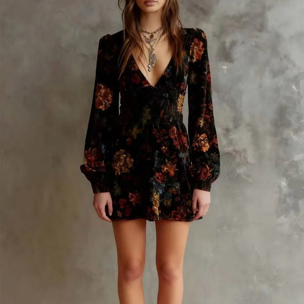 Women's Black Floral Velvet Dress – V-Neck Long Sleeve Bodycon Elegant Evening Dress
