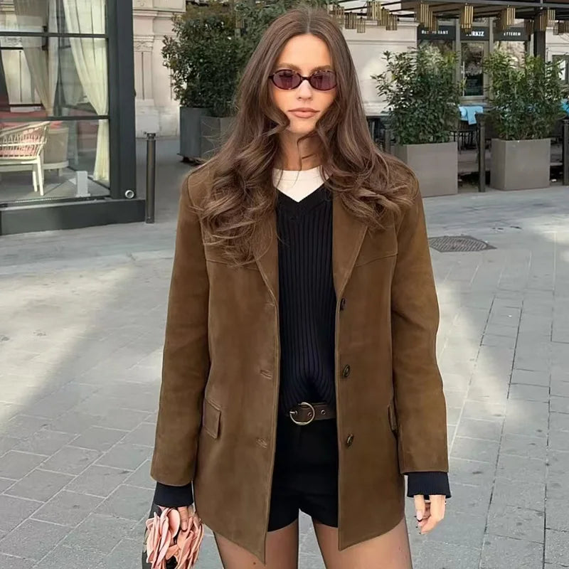 Women's Suede Blazer Jacket | Vintage Fitted Old Money Style | All Season Office Coat | HXAO