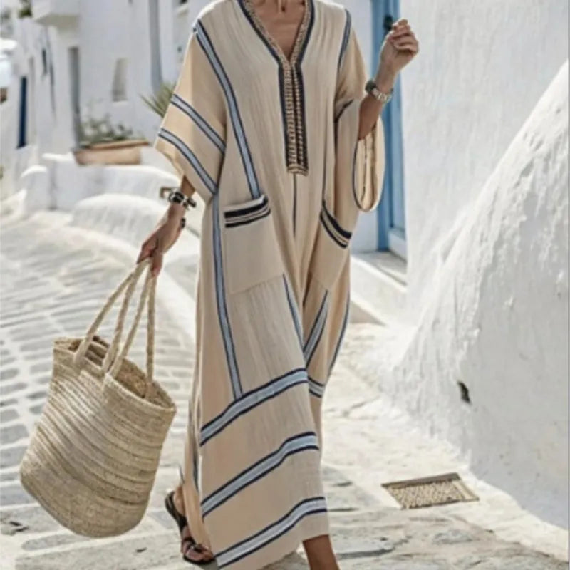 Stripe Print Pocket Maxi Dress – Loose V-Neck Short Sleeve | Women's Holiday & Office Wear