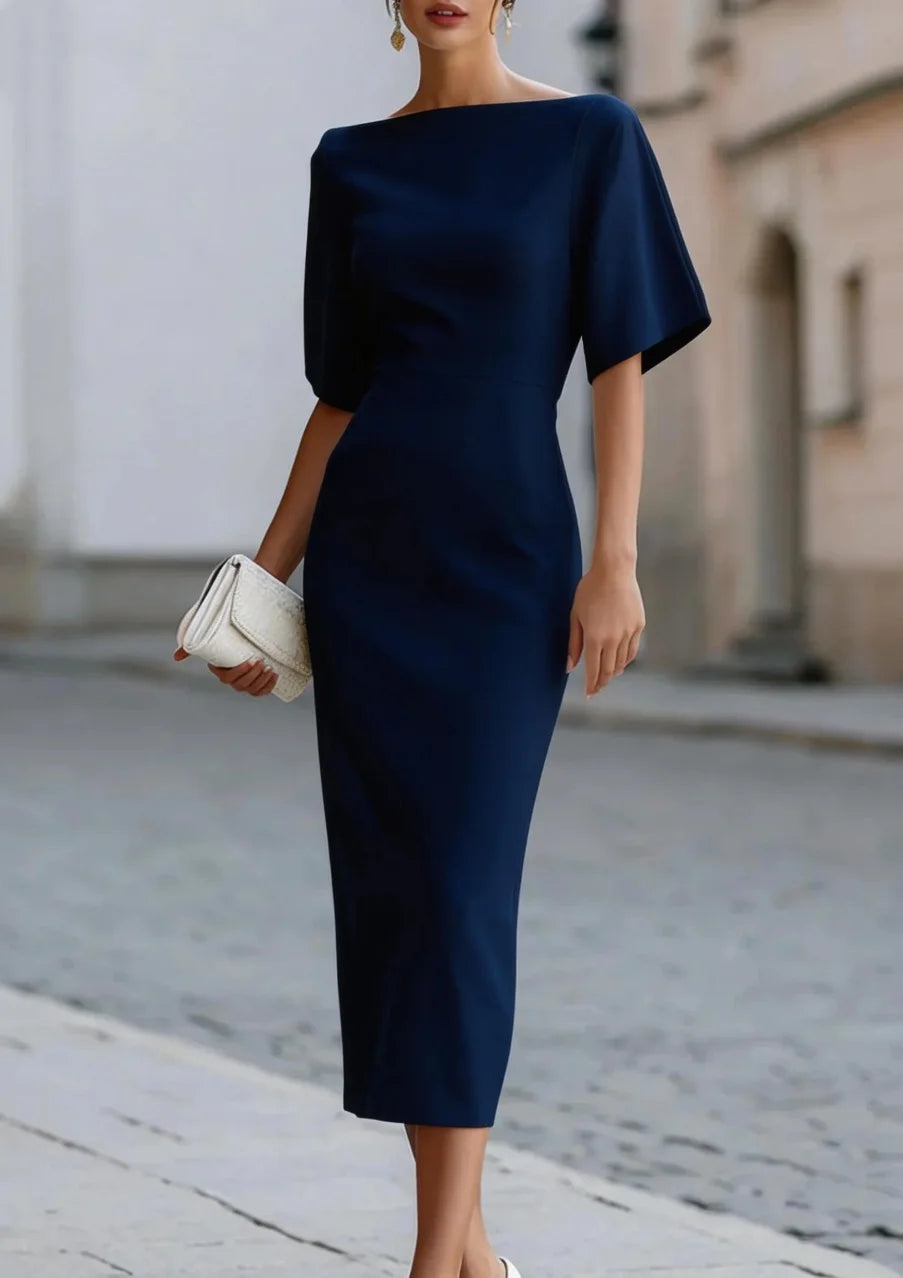 Elegant Slash Neck Midi Dress – Fitted Waist | Women's Formal & Party Wear