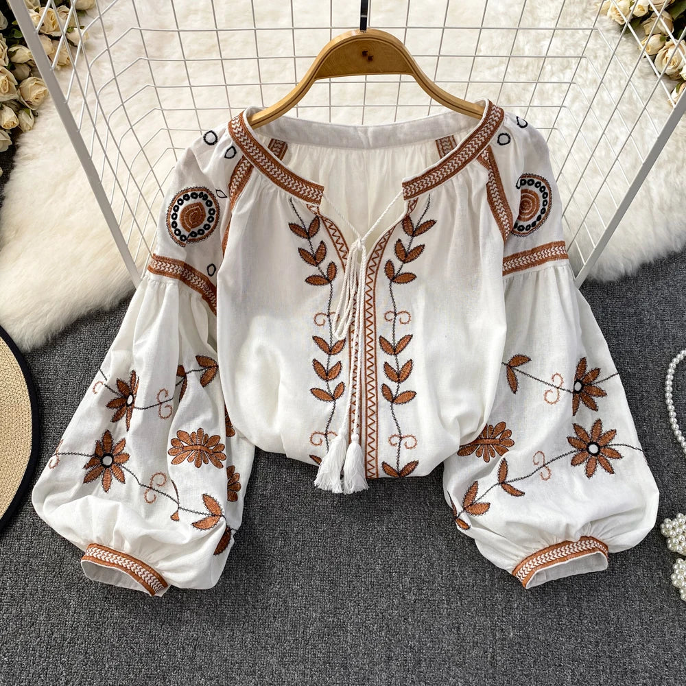 Women's Boho Floral Embroidery Blouse | Lantern Sleeve Loose Cotton Linen Top | Vintage Beach | TEELYNN