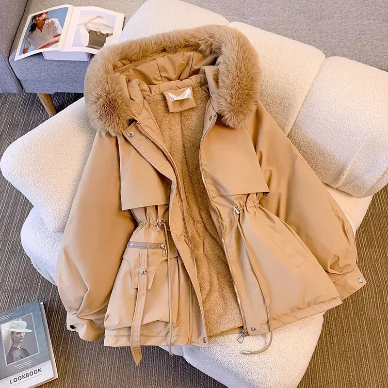 Women's Fleece-Lined Hooded Puffer Jacket – Drawstring Padded Parka | Korean Streetwear