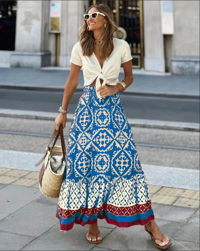 Women's Boho Chiffon Swing Midi Skirt | Elastic Waist Geometric Print | Beach & Daily Wear
