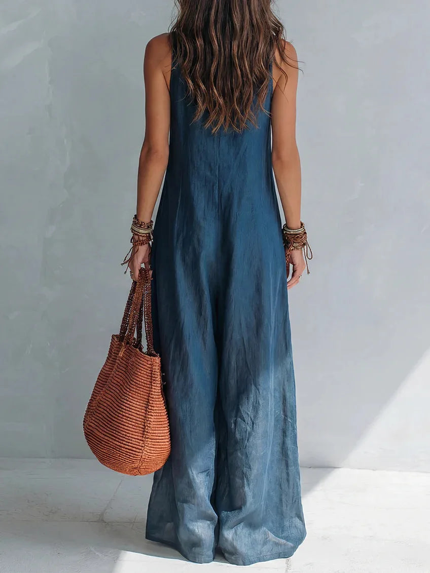 Women's Sleeveless Linen Jumpsuit – Loose Wide Leg V-Neck Casual Bodysuit