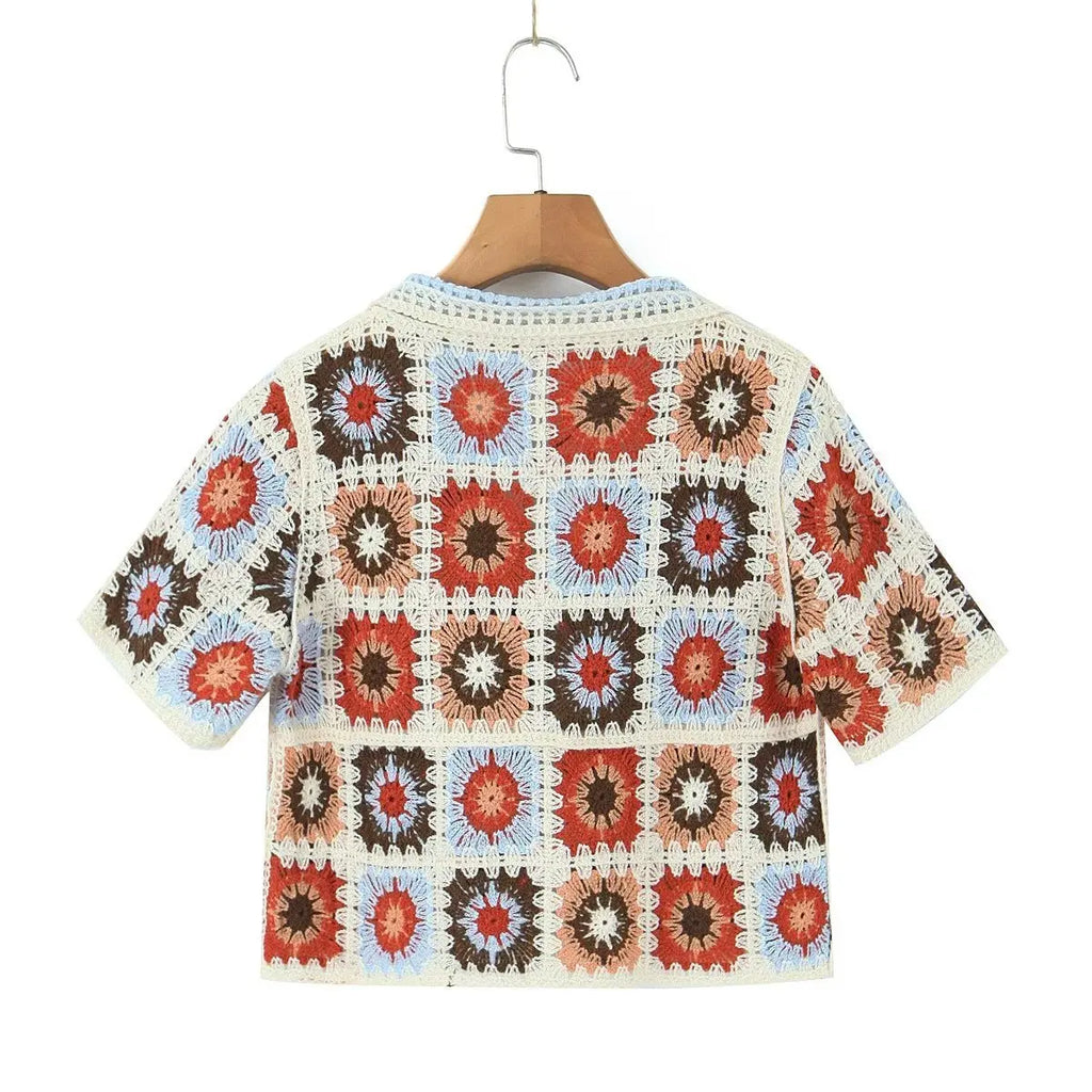 Women's Boho Crochet Crop Top | Granny Square Open-Knit Blouse | Summer Beach Vacation