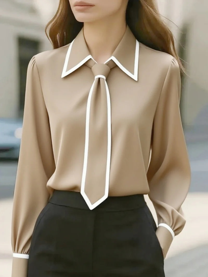 Tie Lapel Long Sleeve Shirt – Casual Regular Fit | Women's Elegant Office & Everyday Wear