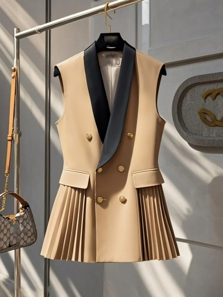 Women's Color Block Blazer Vest | Sleeveless Waistcoat Retro England Style | Adjustable Waist | Spring Summer | JBOLID