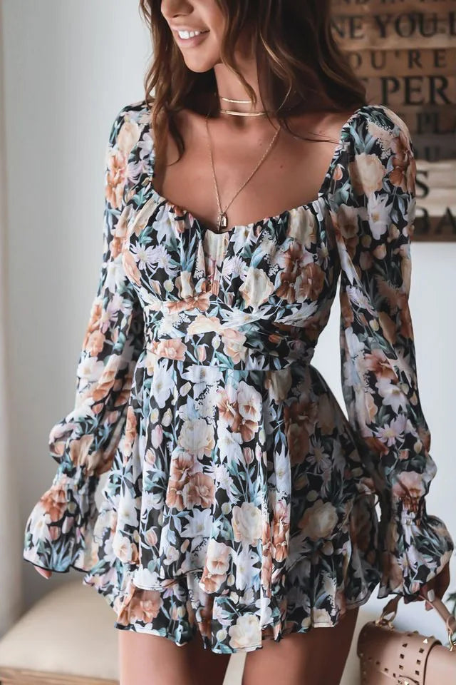Floral Print Ruffled Jumpsuit – Square Collar Long Sleeve | Women's Casual Versatile Playsuit