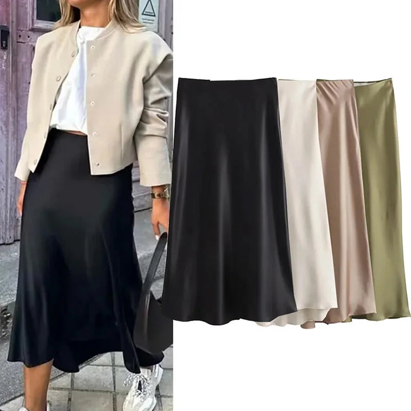 Women's Satin Midi Skirt | High Waist A-Line Elegant Skirt | Office & Casual All Season