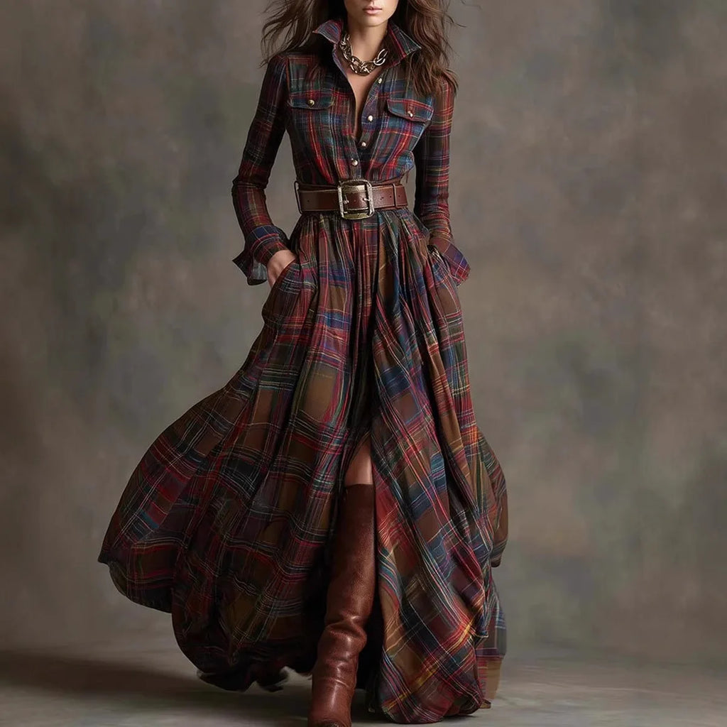 Plaid Shirt Maxi Dress – Long Sleeve Button-Up Dress with Pockets for Women