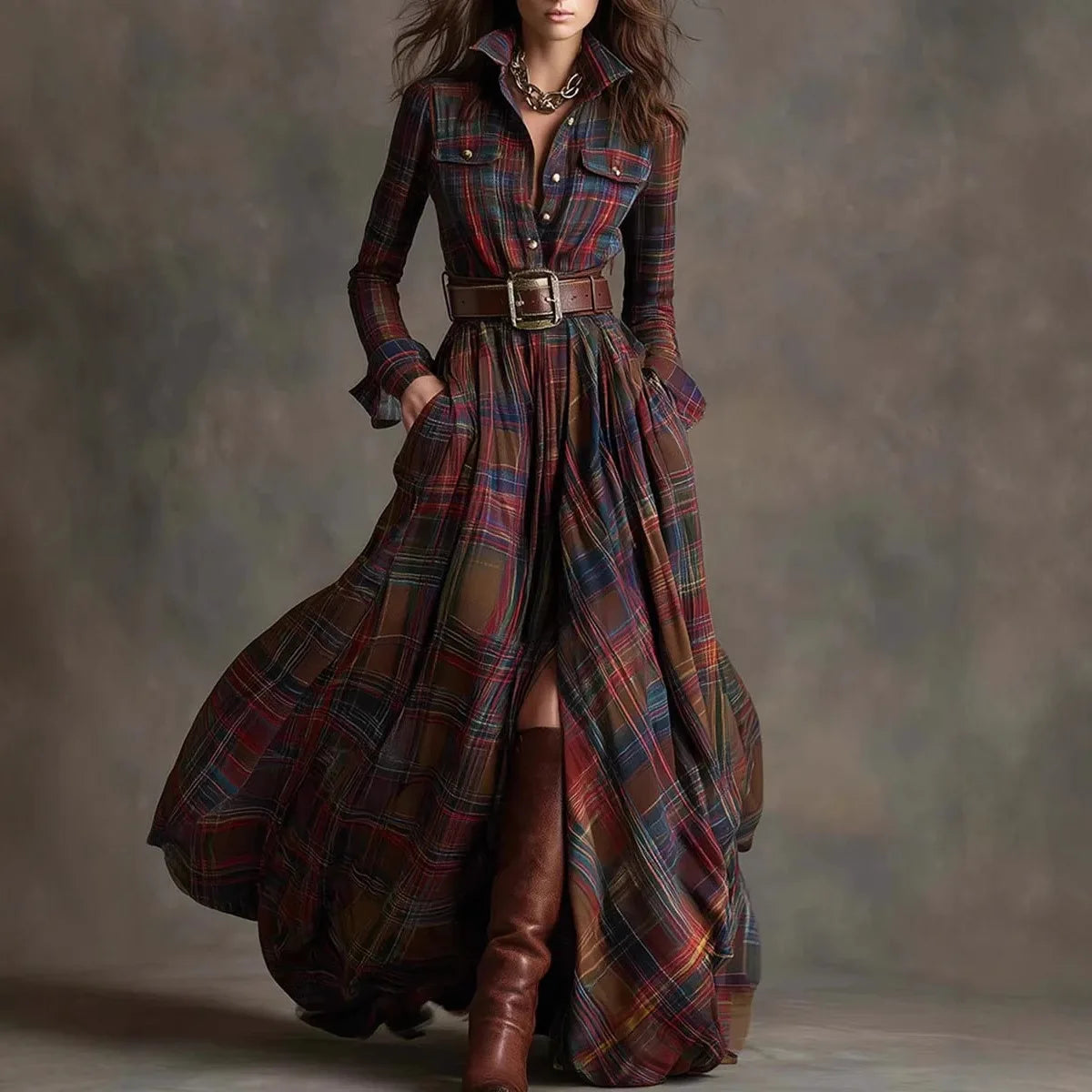 Plaid Shirt Maxi Dress – Long Sleeve Button-Up Dress with Pockets for Women