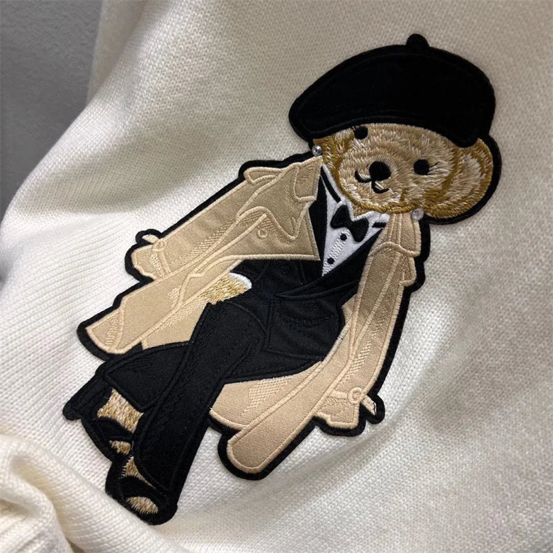 Women's Bear Embroidered Cashmere Sweater | Preppy Cartoon Knit Pullover | Round Neck | Autumn Winter | CBAFU
